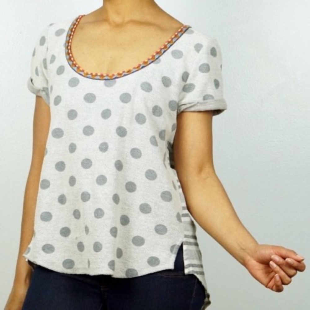 Anthropologie Gray Polka Dot Short Sleeve Top with Trim